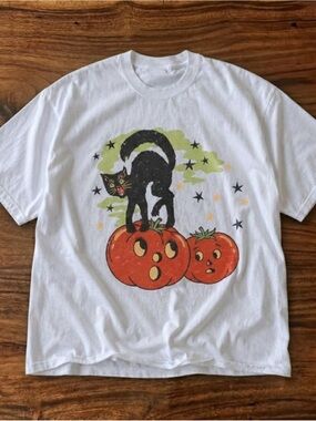 Gildan White Tee with Black Cat and Orange Pumpkins
